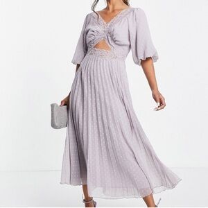 ASOS DESIGN lace insert cut out dobby pleated midi dress size 8 lavender lilac